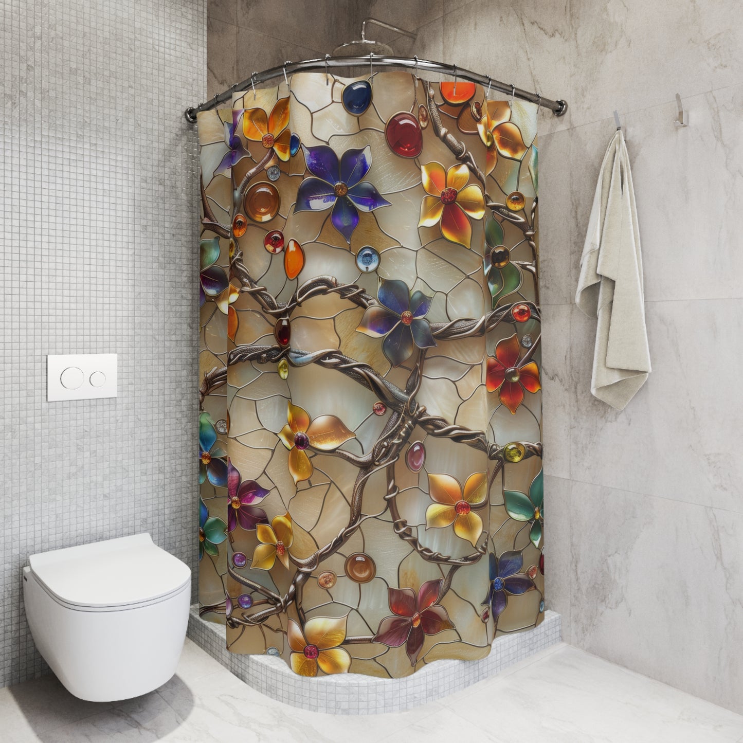 3D Stained Glass Colorful Jewelry Fall Flowers Polyester Shower Curtain