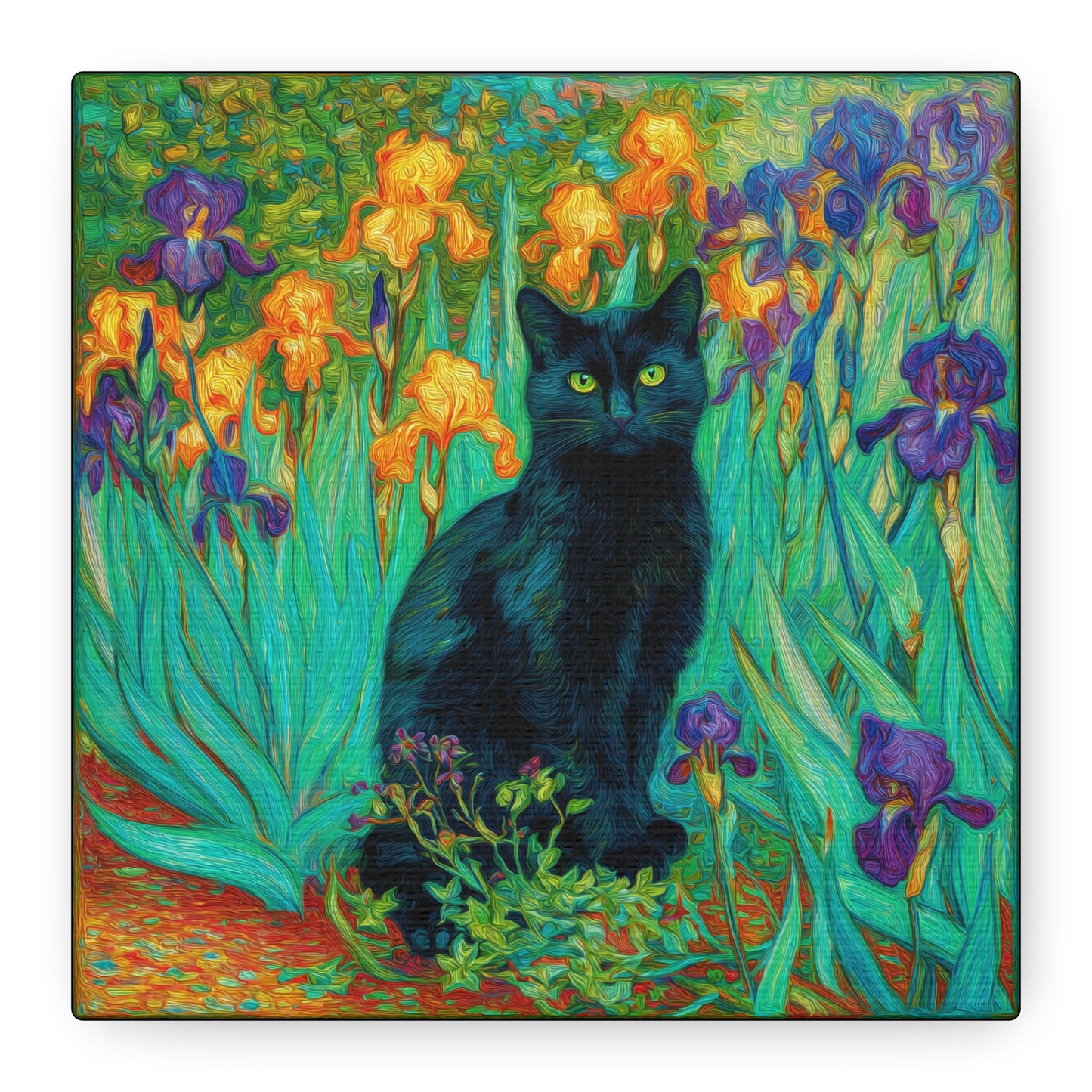 Black Cat Among Irises, Vibrant Floral Canvas Wall Art, Matte Stretched Canvas 1.25"