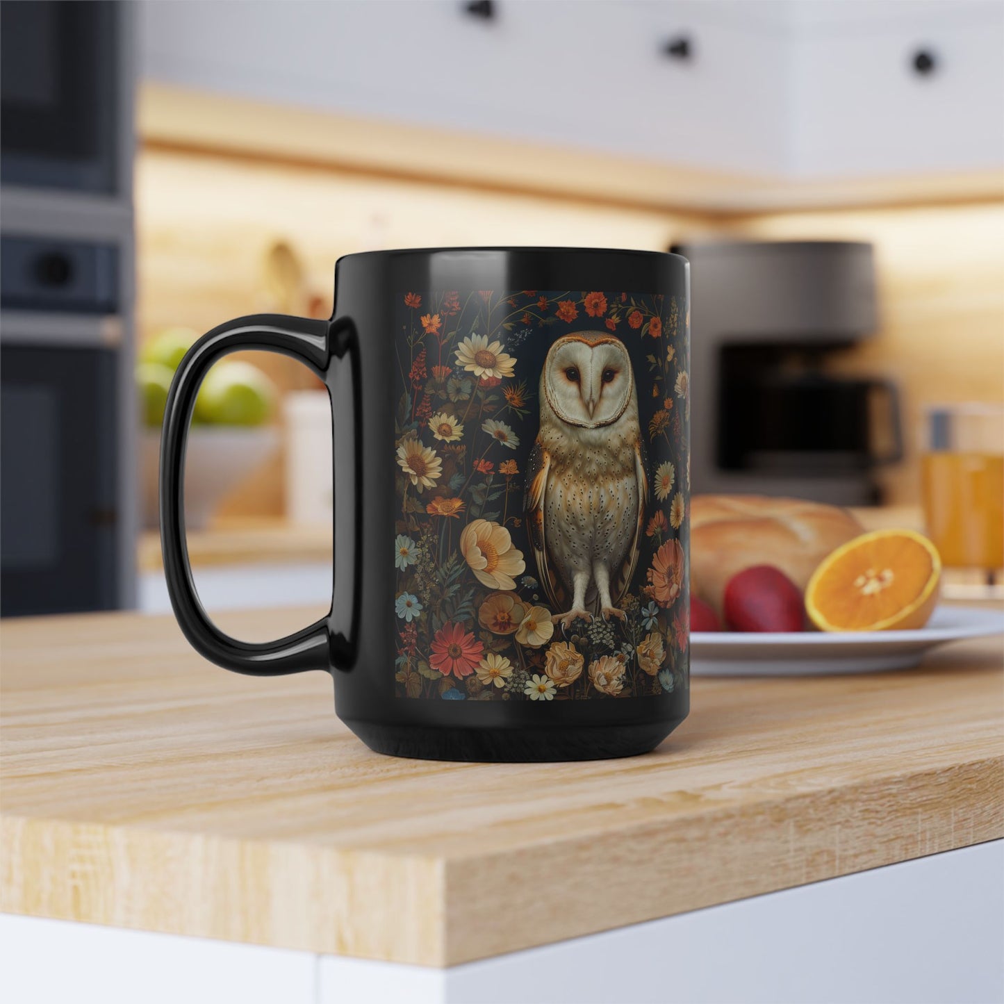 William Morris Inspired Barn Owl Wildflowers Black Coffee Mug 11oz | Mystical Owl For Her Him Ceramic Mug Black Mug