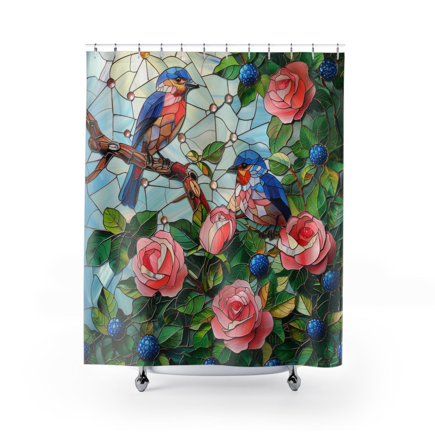 Faux Stained Glass Blue Birds Roses Field Polyester Shower Curtain
