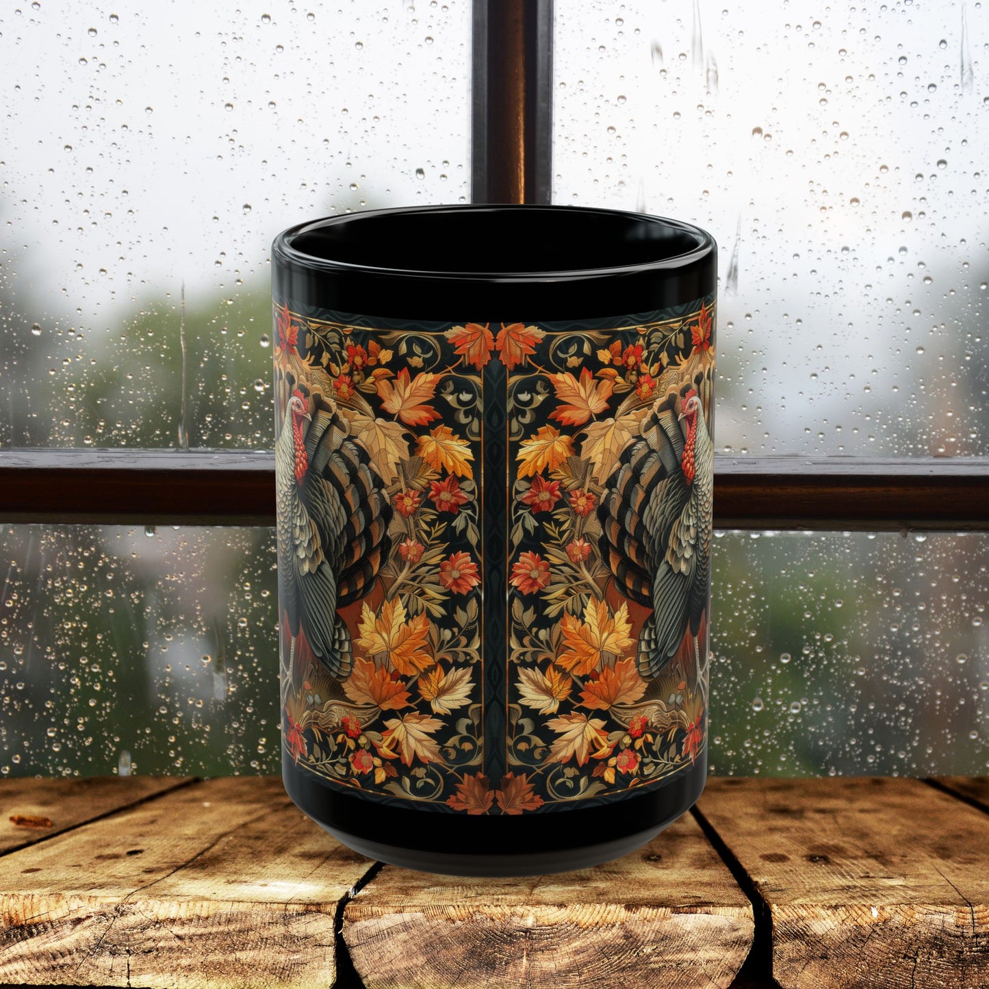 Fall Turkey William Morris Inspired Black Coffee Mug For Her Him Ceramic Mug Black Mug 11oz, 15oz