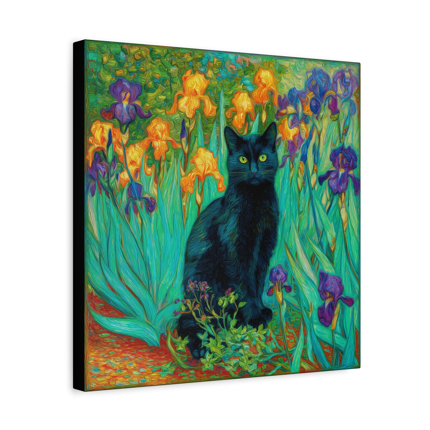 Black Cat Among Irises, Vibrant Floral Canvas Wall Art, Matte Stretched Canvas 1.25"