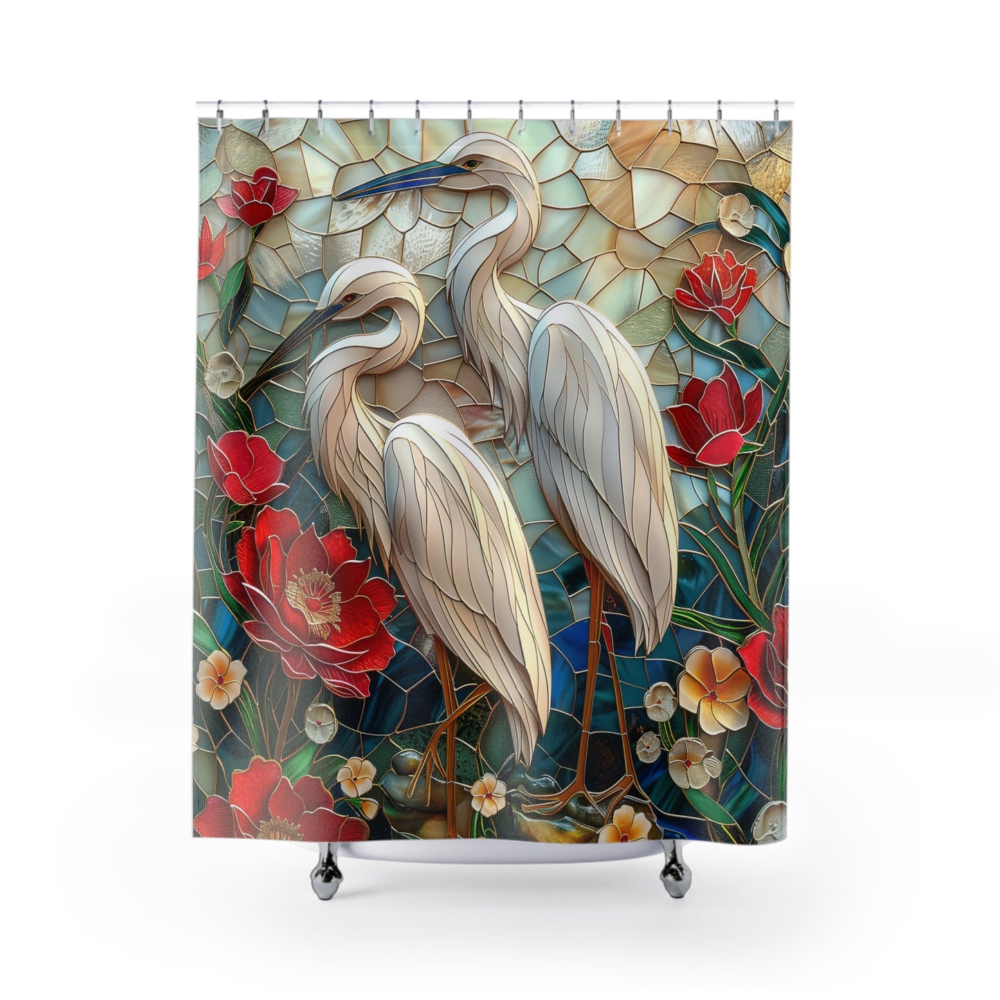 Faux Stained Glass Great White Heron Red Flowers Polyester Shower Curtain
