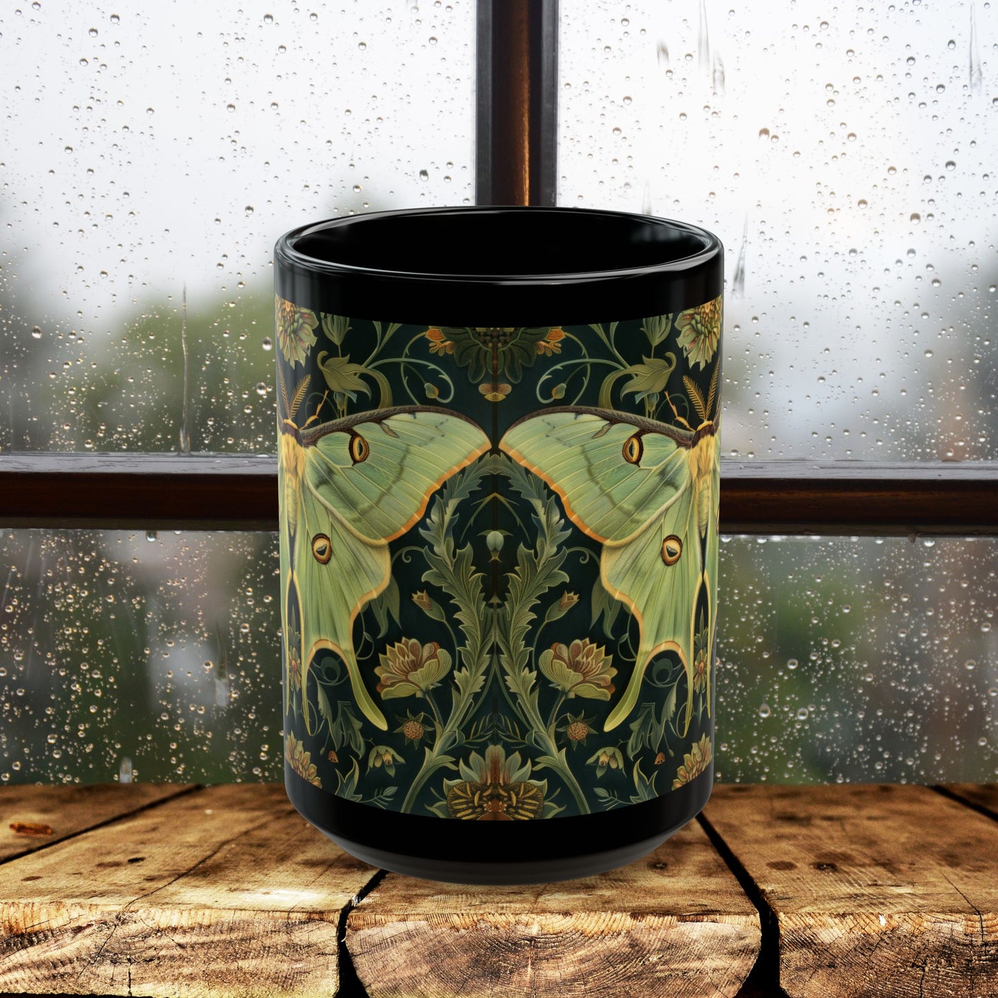 Woodland Luna Moth William Morris Inspired Black Coffee Mug For Her Him Ceramic Mug Black Mug 11oz, 15oz
