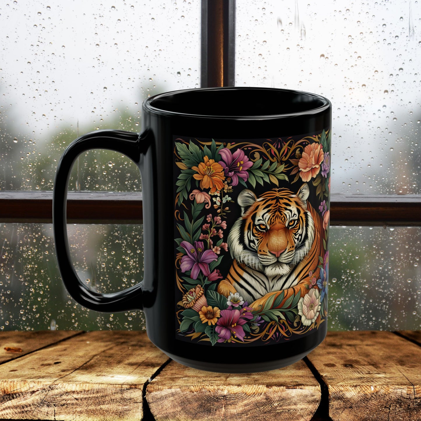 Tropical Tiger William Morris Inspired Black Coffee Mug For Her Him Ceramic Mug Black Mug  11oz, 15oz