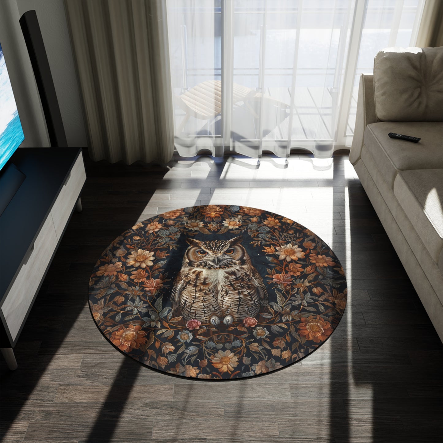 Botanical Screech Owl Round Rug, William Morris Inspired Owl Home Decor, Owl Round Area Rug