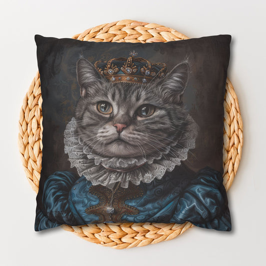 Royal Cat Pillowcase, Noble Kitty Cushion in Crown and Regal Outfit, Vintage Renaissance Pet Portrait Home Décor