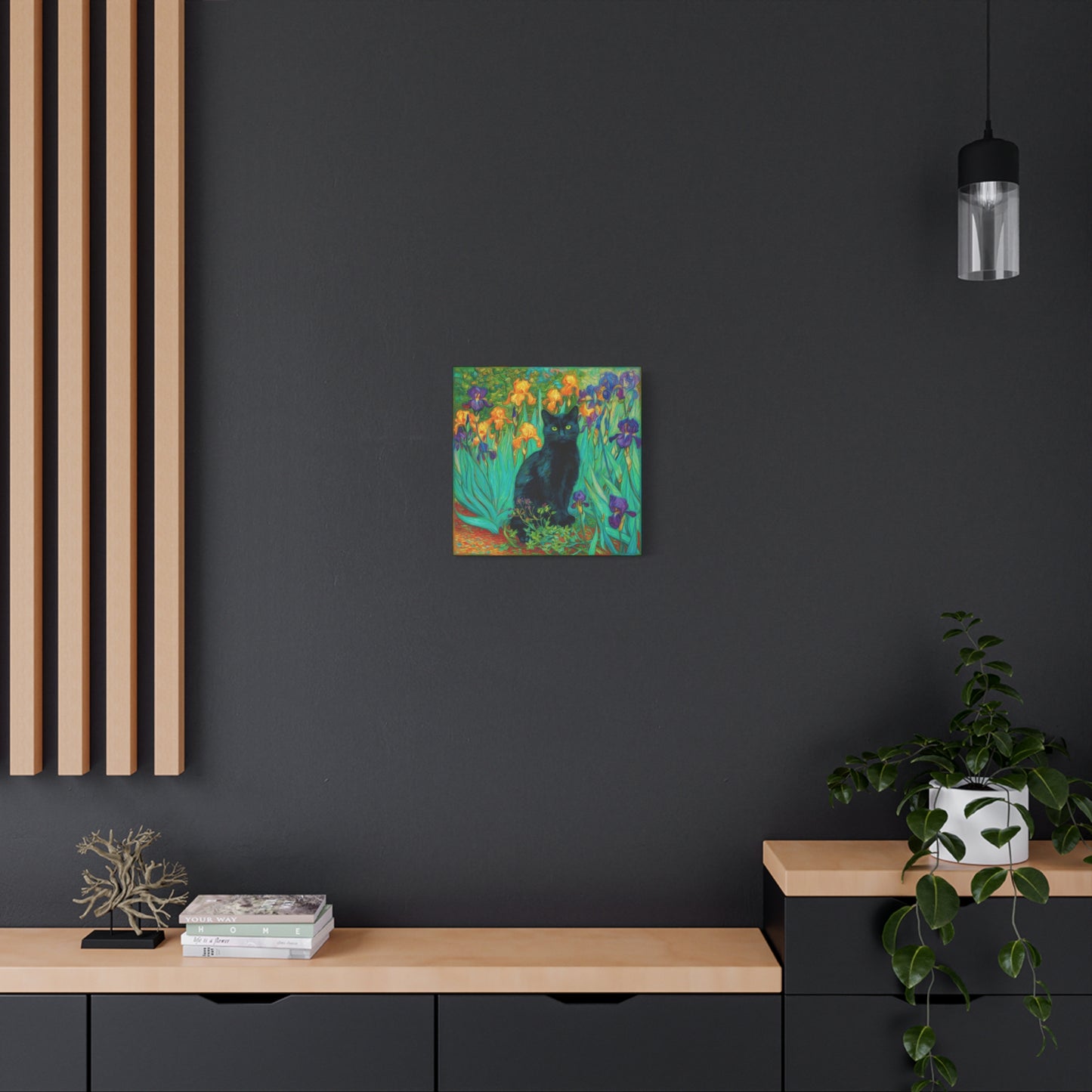 Black Cat Among Irises, Vibrant Floral Canvas Wall Art, Matte Stretched Canvas 1.25"