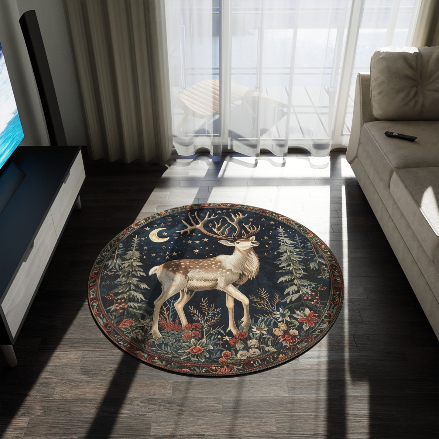 Reindeer Crescent Moon And Stars Round Rug, Decor Carpet, Bohemian Area Mat, Meditation Floor Mat, Yoga Rug