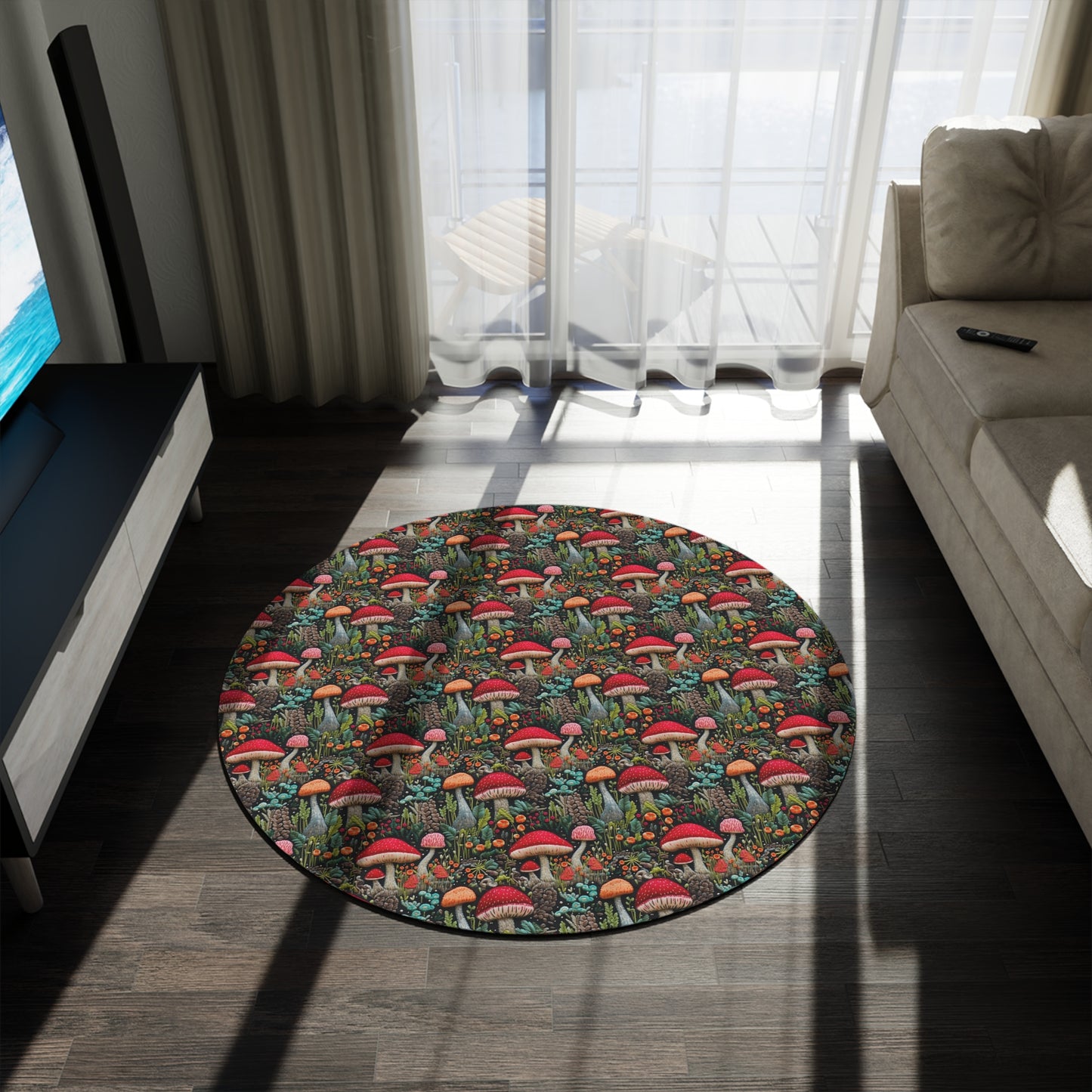 Wild Mushrooms Cottage Embroidery Pattern Round Area Rug, Housewarming Gift