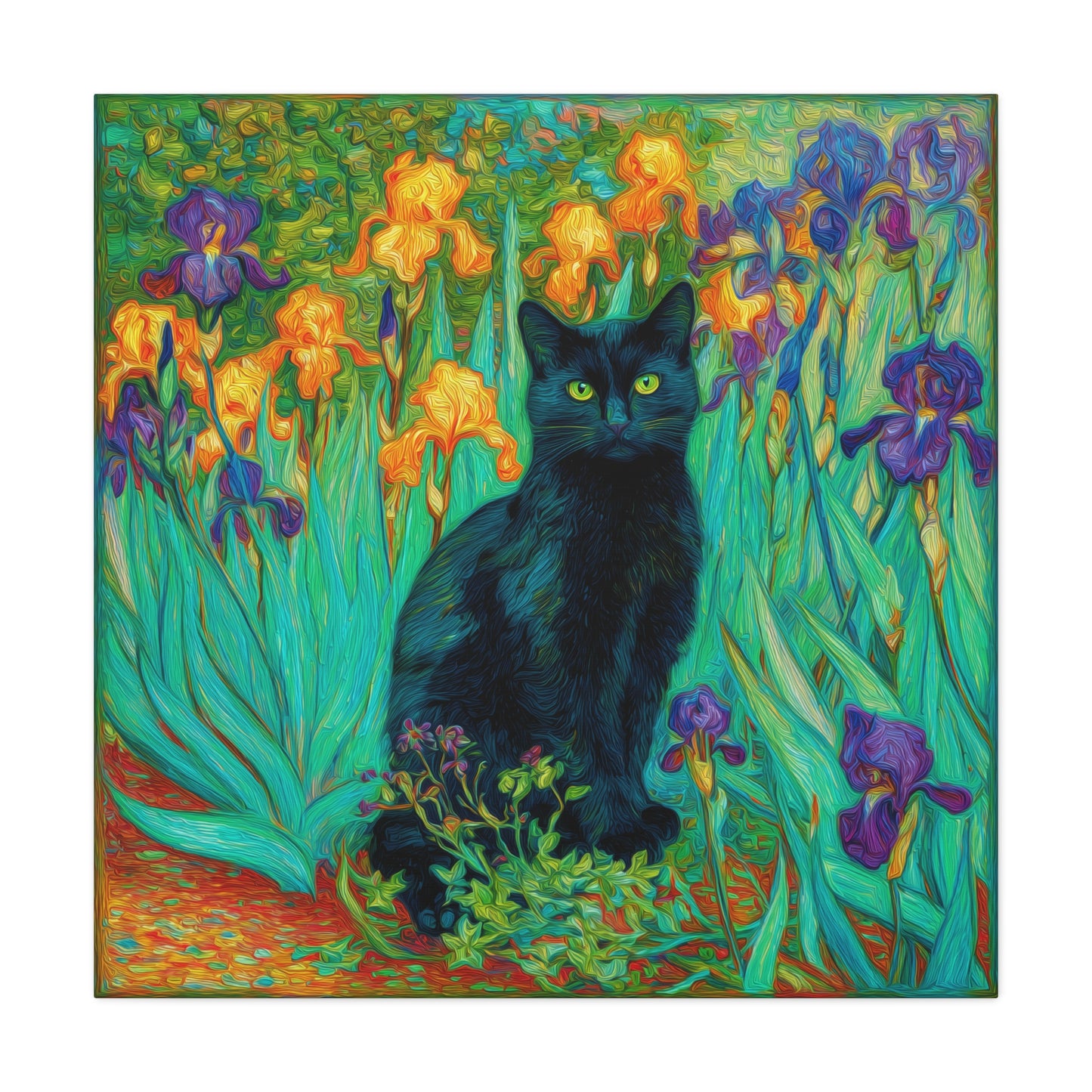 Black Cat Among Irises, Vibrant Floral Canvas Wall Art, Matte Stretched Canvas 1.25"