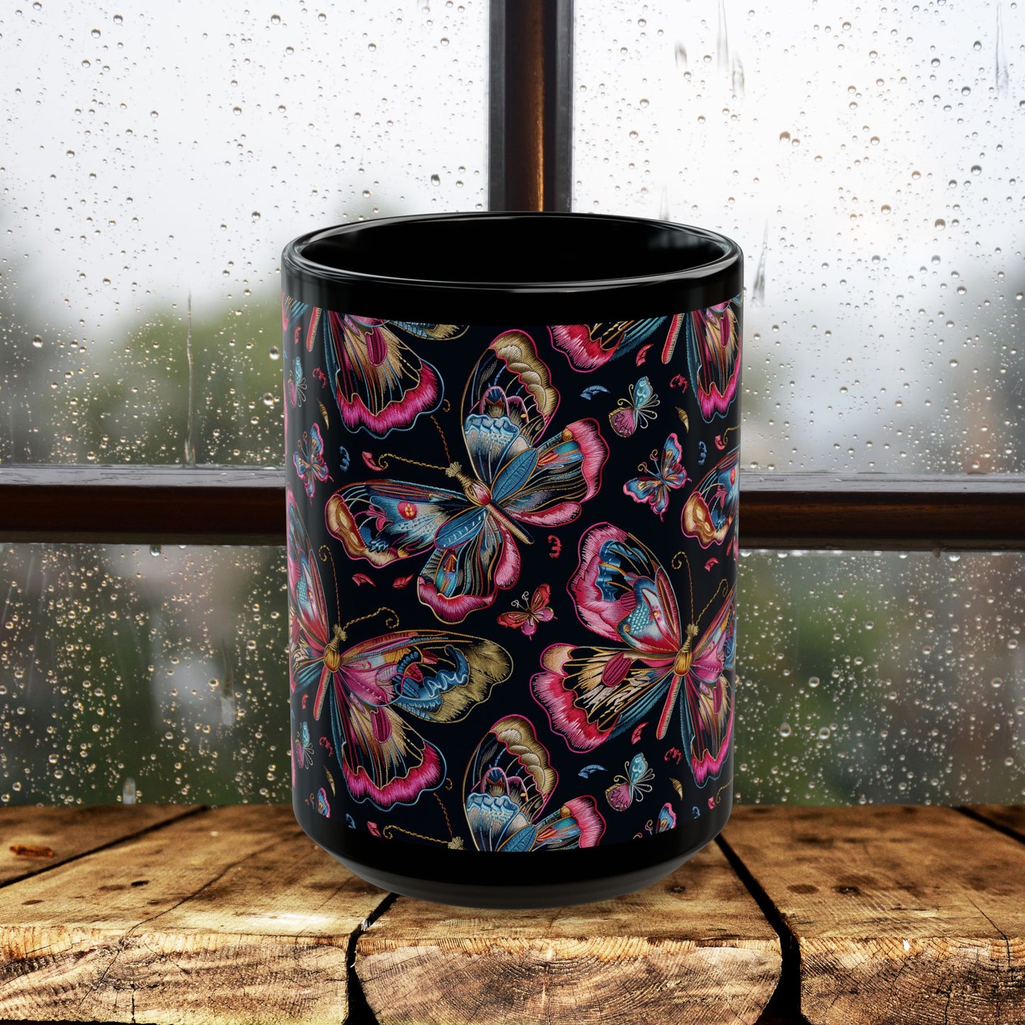 Pink Blue Butterfly Pattern Black Coffee Mug | Gift for Bird Lover Coffee Mug 11oz, 15oz