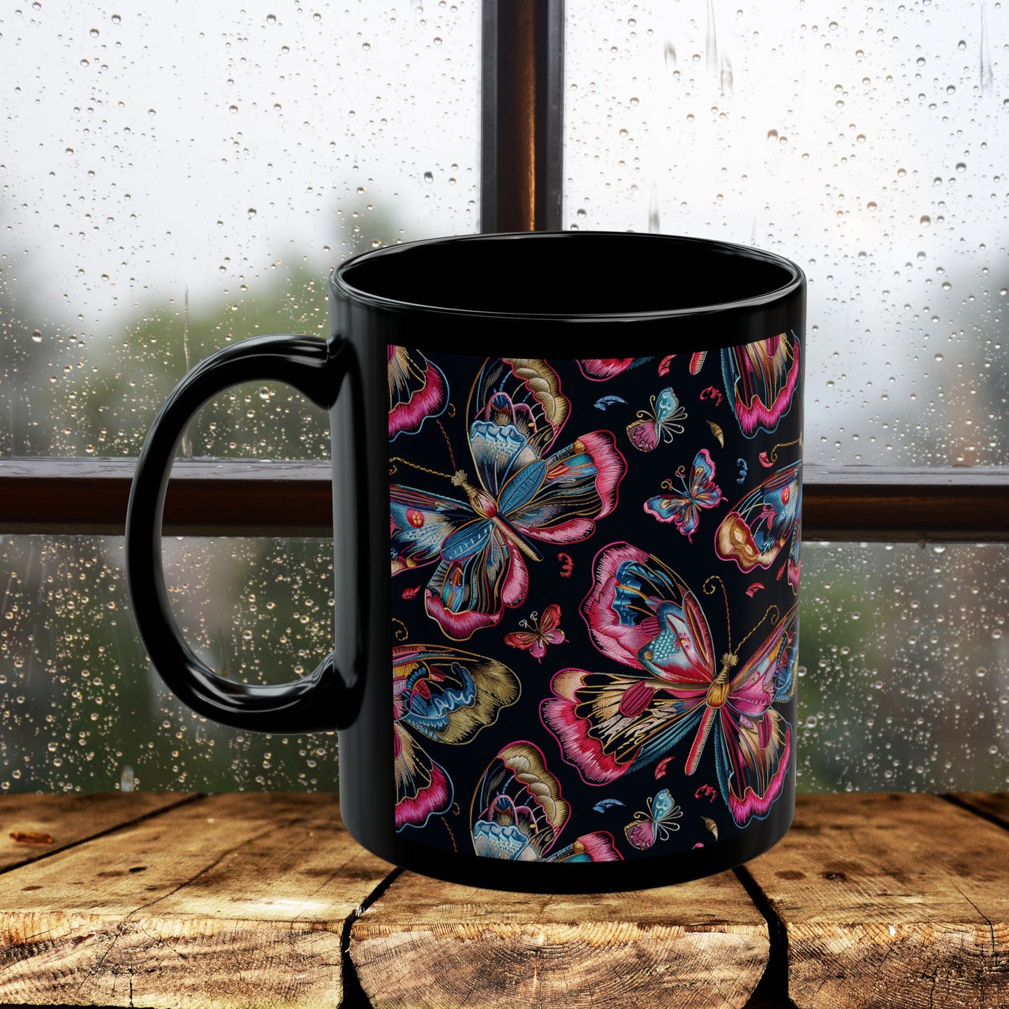 Pink Blue Butterfly Pattern Black Coffee Mug | Gift for Bird Lover Coffee Mug 11oz, 15oz