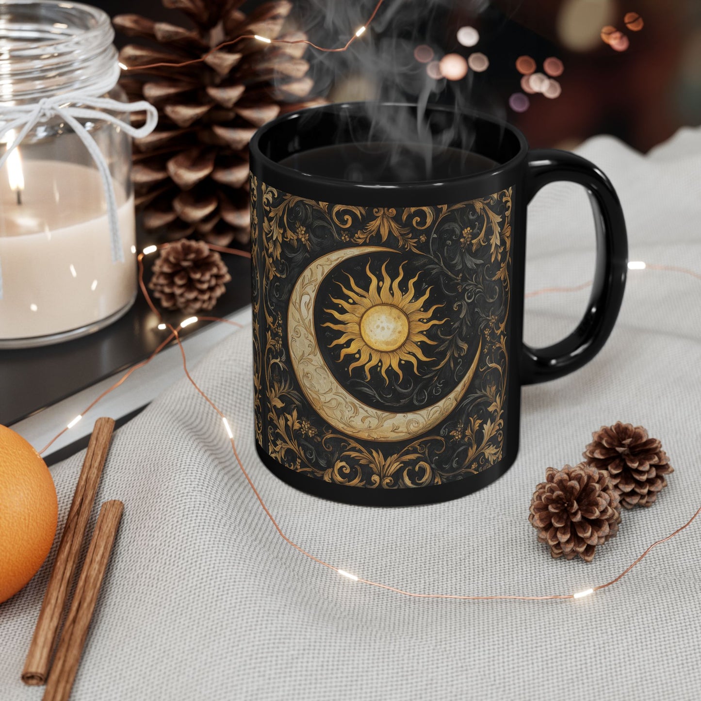 Gold Ornate William Morris Inspired Black Mug (11oz, 15oz) - Celestial Sun and Moon Coffee Cup, Gothic Kitchen Decor, Bohemian Drinkware,