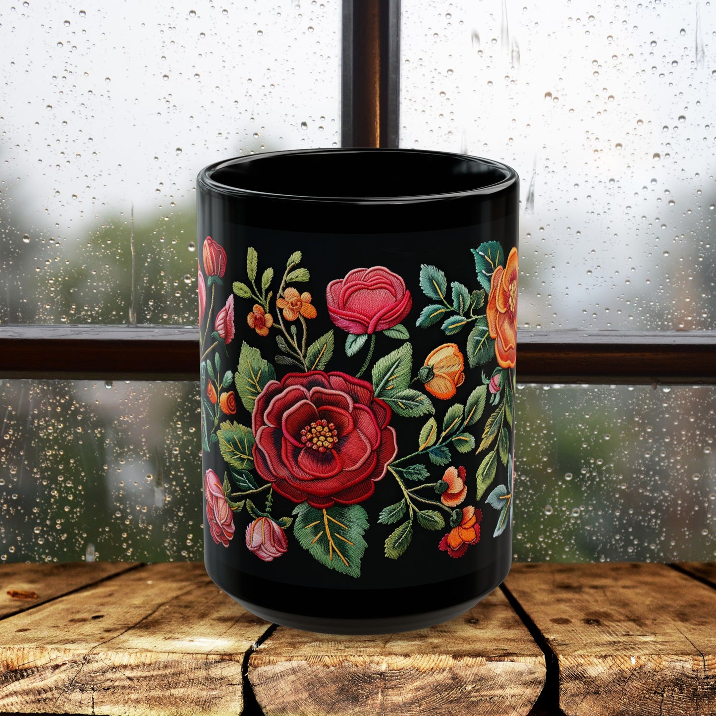 Vintage Roses Pattern Embroidery Black Mug 11oz / 15 oz