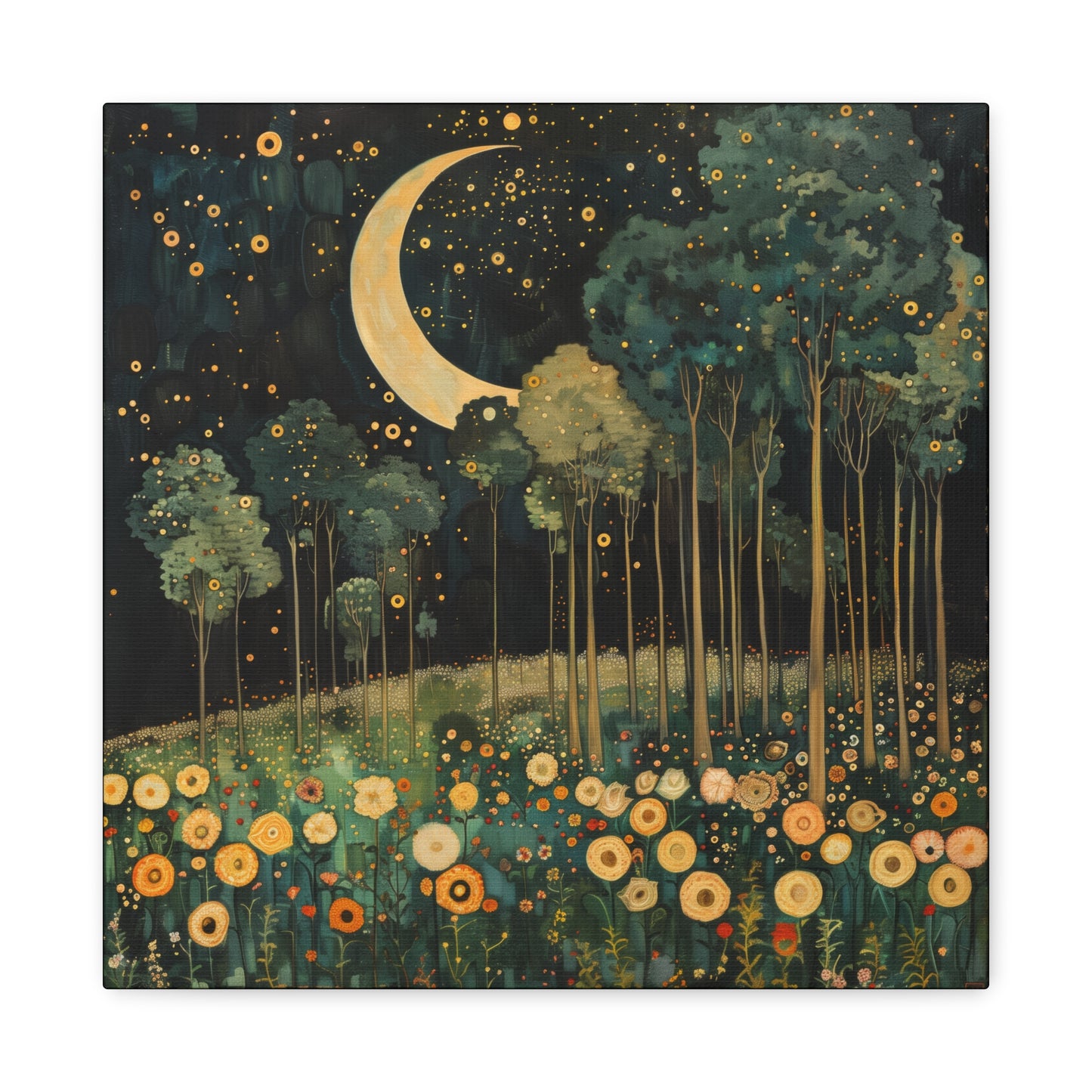 Moonlit Meadow Dreamscape | Matte Canvas Wall Art, Stretched, 1.25" | Starry Night Forest & Flowers Print