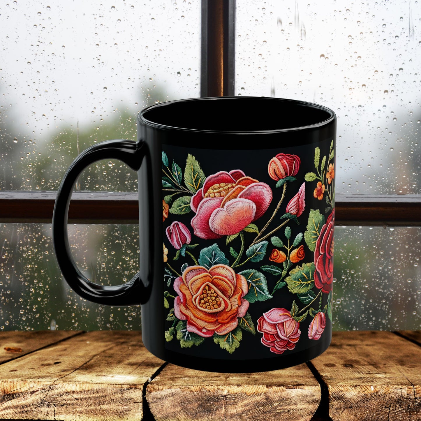 Vintage Roses Pattern Embroidery Black Mug 11oz / 15 oz