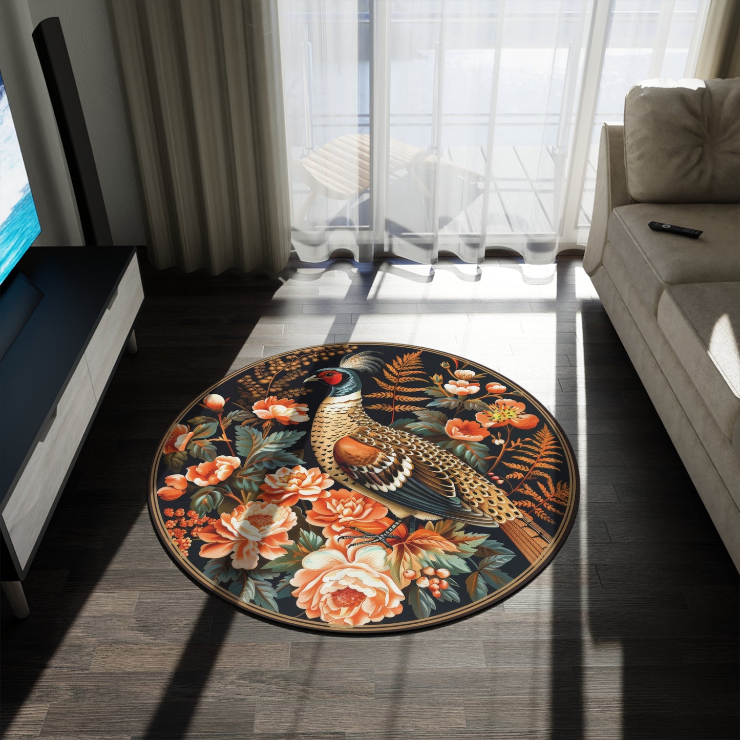 Botanical Wild Pheasant William Morris Inspired Round Area Rug | Elegant Fall-Inspired Living Room Home Decor Rug
