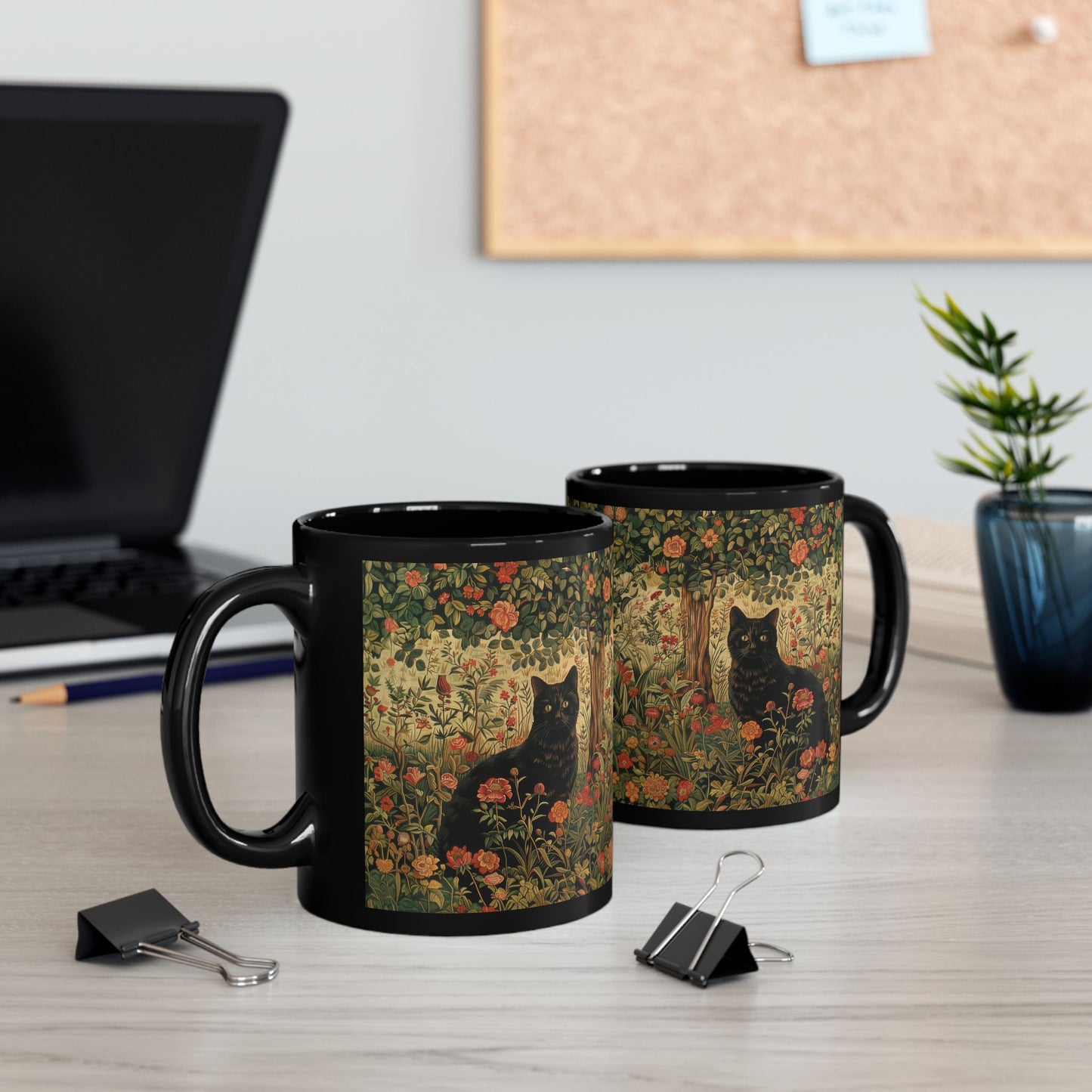 Black Cat Floral Mug, William Morris Style Botanical Cat Coffee Mug, Dark Academia Black Ceramic Mug 11oz & 15oz