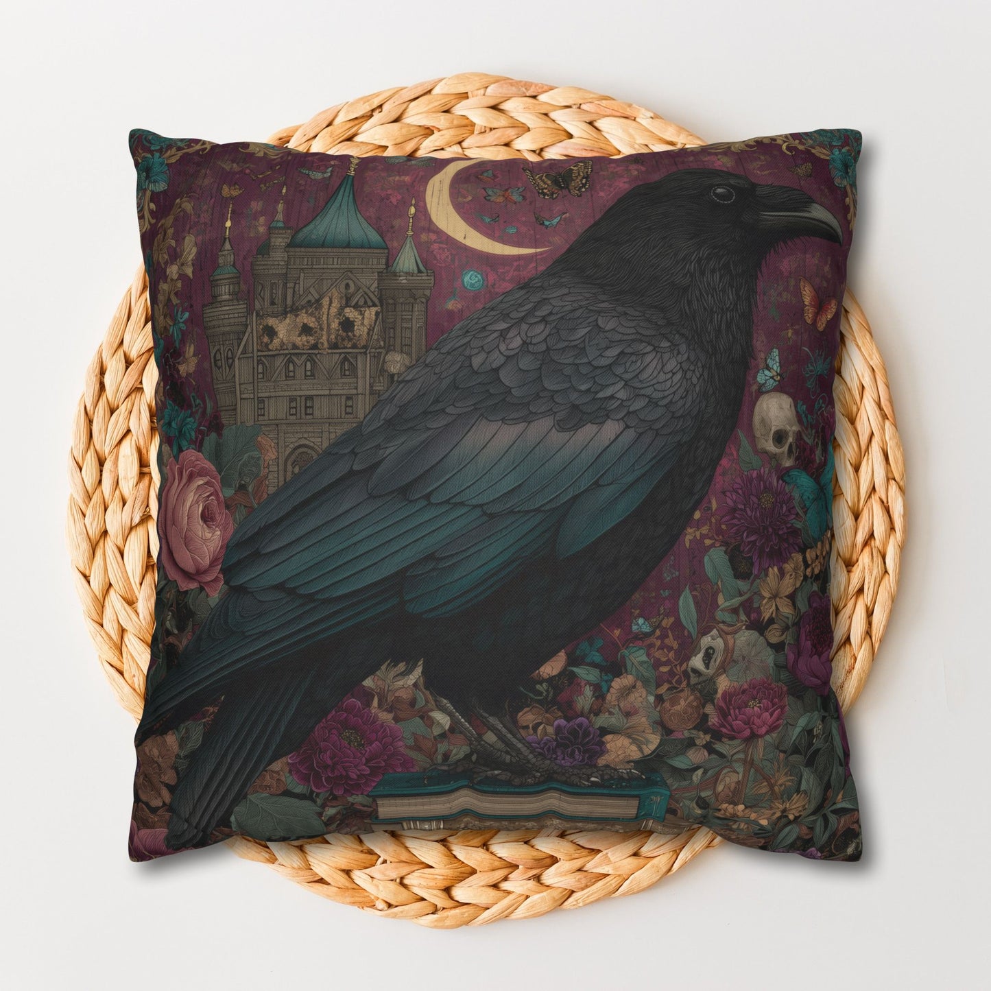 Mystical Raven Gothic Pillow with Floral Castle Art, Spooky Halloween Decor, Dark Academia Throw Pillow