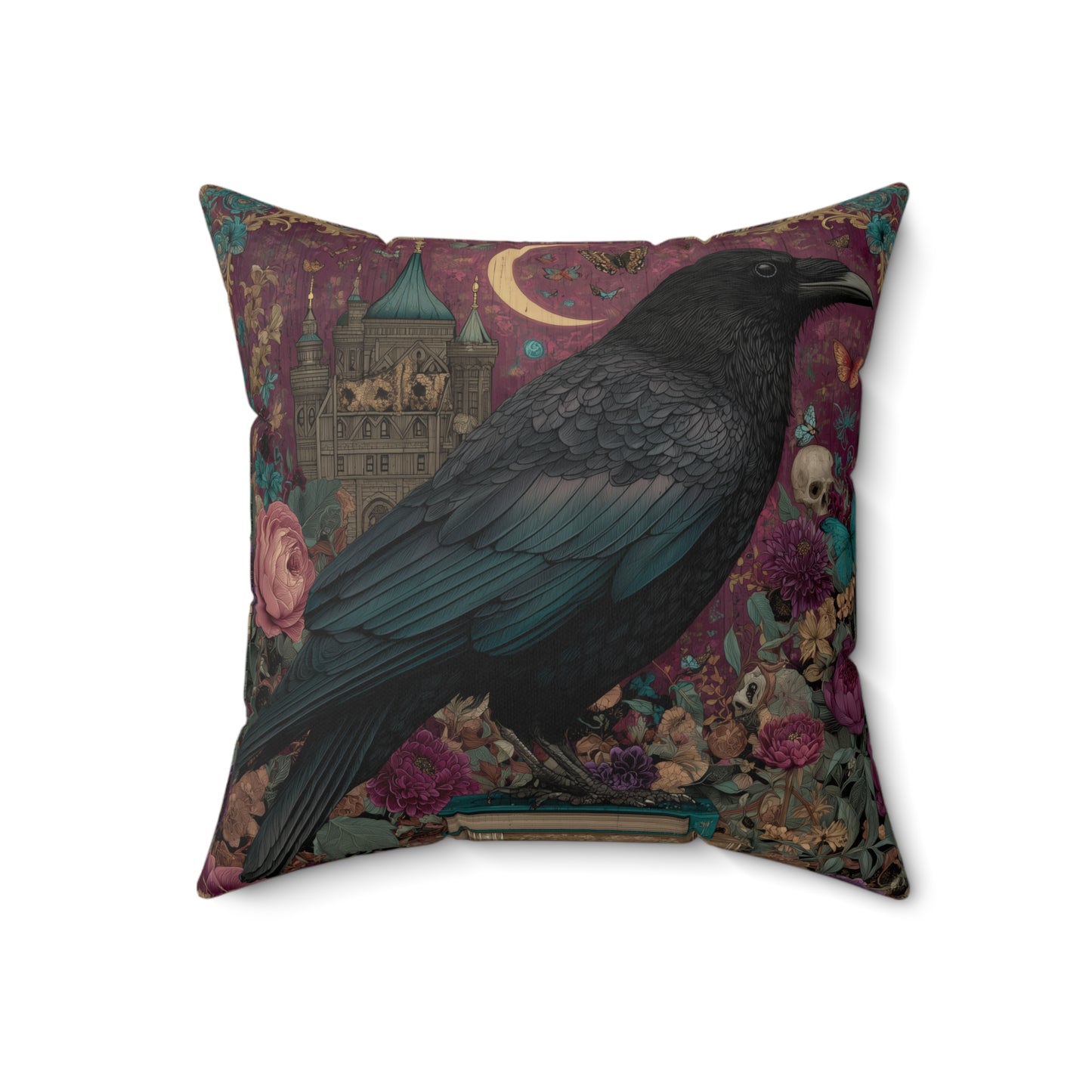 Mystical Raven Gothic Pillow with Floral Castle Art, Spooky Halloween Decor, Dark Academia Throw Pillow