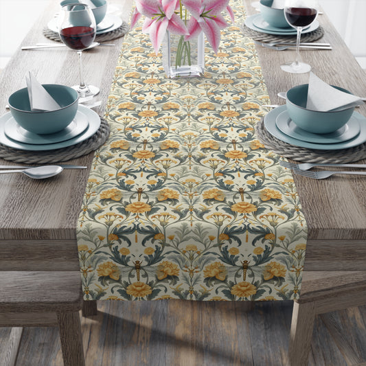 Art Deco Dragonfly Floral Table Runner, Vintage Elegant Dining Room Decor, Cottagecore & Boho Table Accent