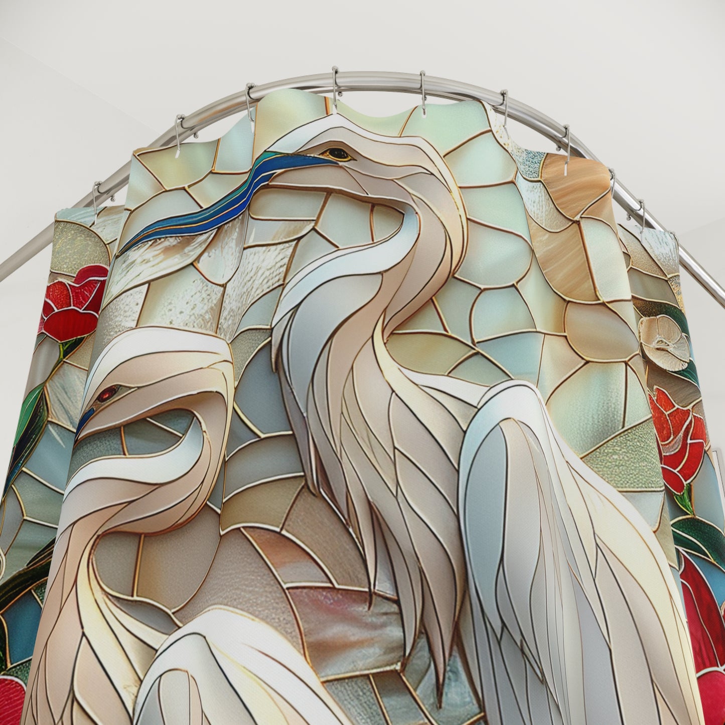 Faux Stained Glass Great White Heron Red Flowers Polyester Shower Curtain