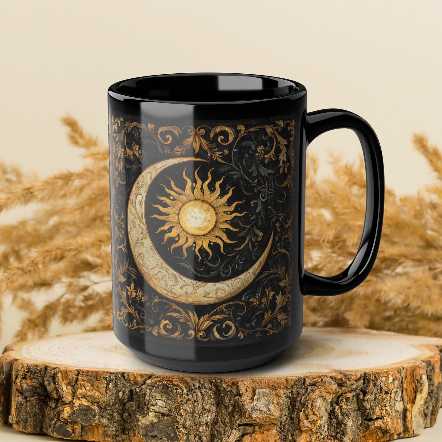 Gold Ornate William Morris Inspired Black Mug (11oz, 15oz) - Celestial Sun and Moon Coffee Cup, Gothic Kitchen Decor, Bohemian Drinkware,