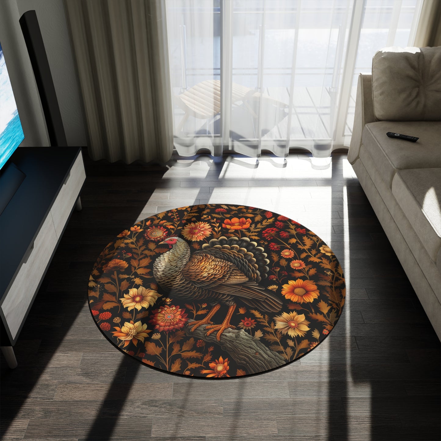 Fall Autumn William Morris Inspired Round Rug, Turkey Botanical Design, Home Decor Accent, Circular Area Mat, Thanksgiving Day Gift