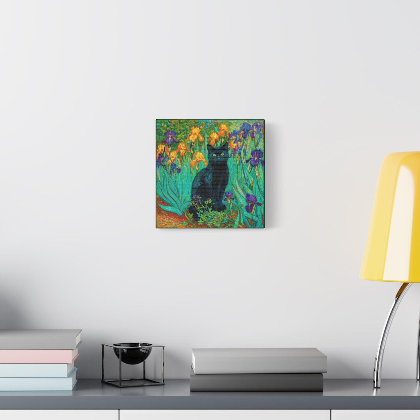 Black Cat Among Irises, Vibrant Floral Canvas Wall Art, Matte Stretched Canvas 1.25"