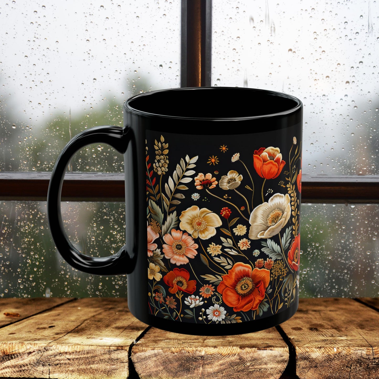Wildflowers Pattern Embroidery Mug Black Mug 11oz, 15 oz