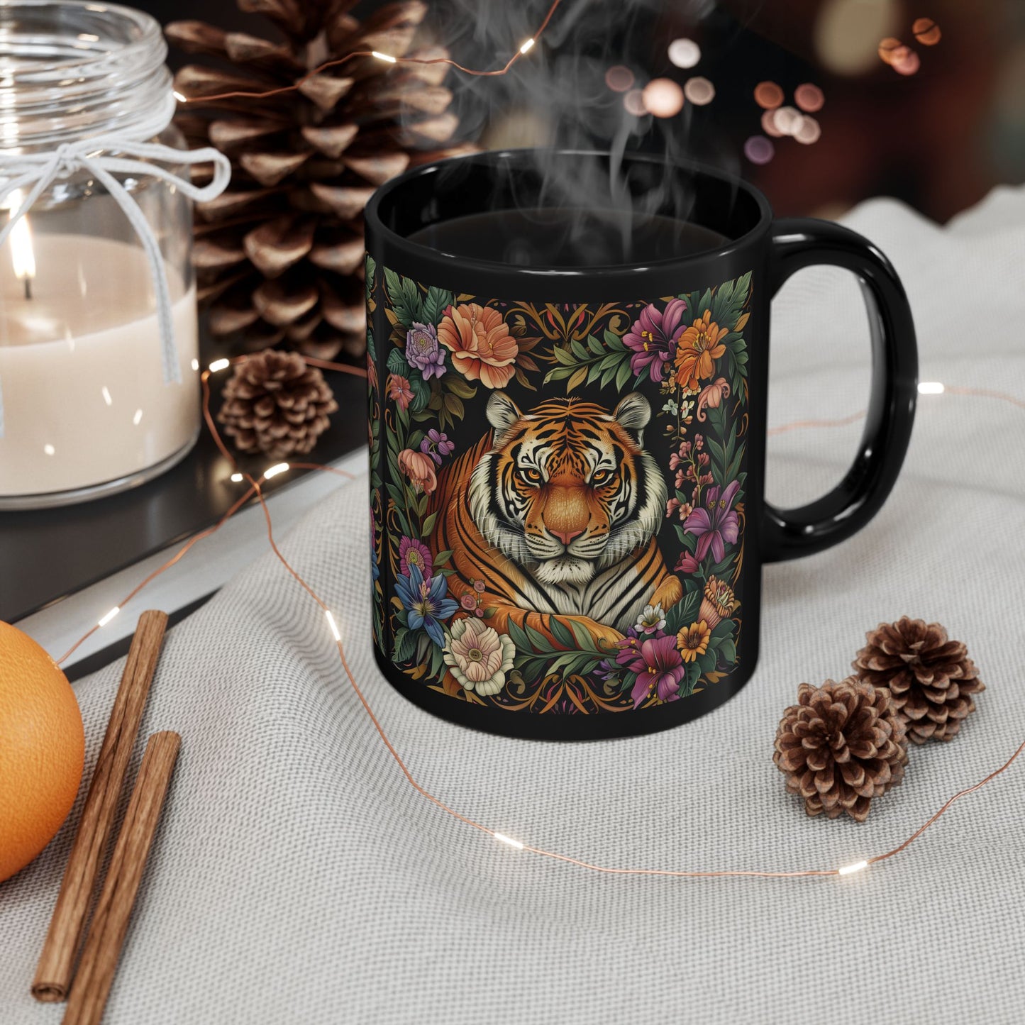 Tropical Tiger William Morris Inspired Black Coffee Mug For Her Him Ceramic Mug Black Mug  11oz, 15oz