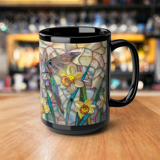 Stained Glass Hummingbirds Flight Daffodils Black Mug (11oz, 15oz) - Floral Coffee Cup, Bird Lover Gift, Kitchen Decor, Unique Tea Mug,