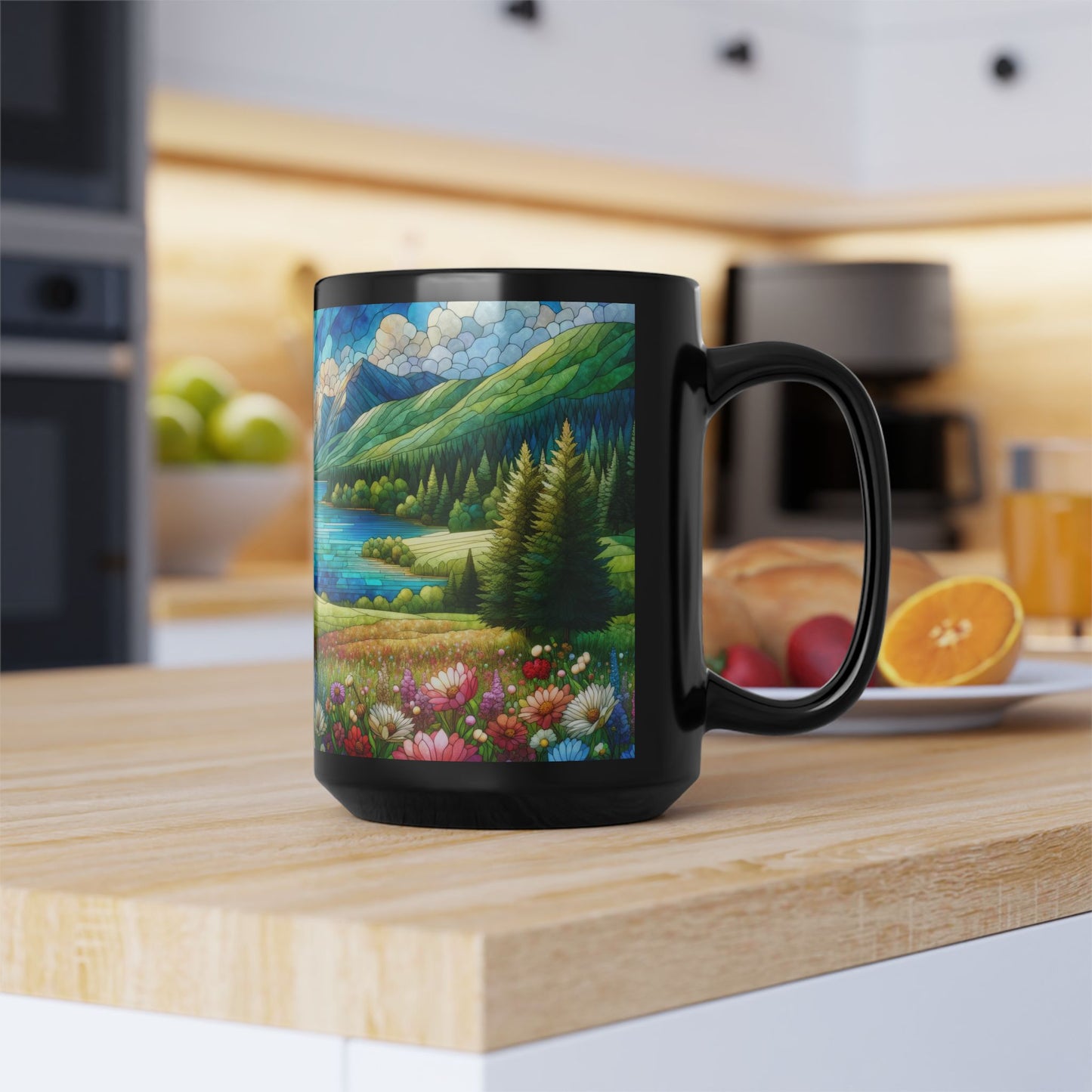 Nature Scene Flower Lake and Mountain Landscape Mug | Faux Stained Glass Black Coffee Mug 11 oz, 15 oz