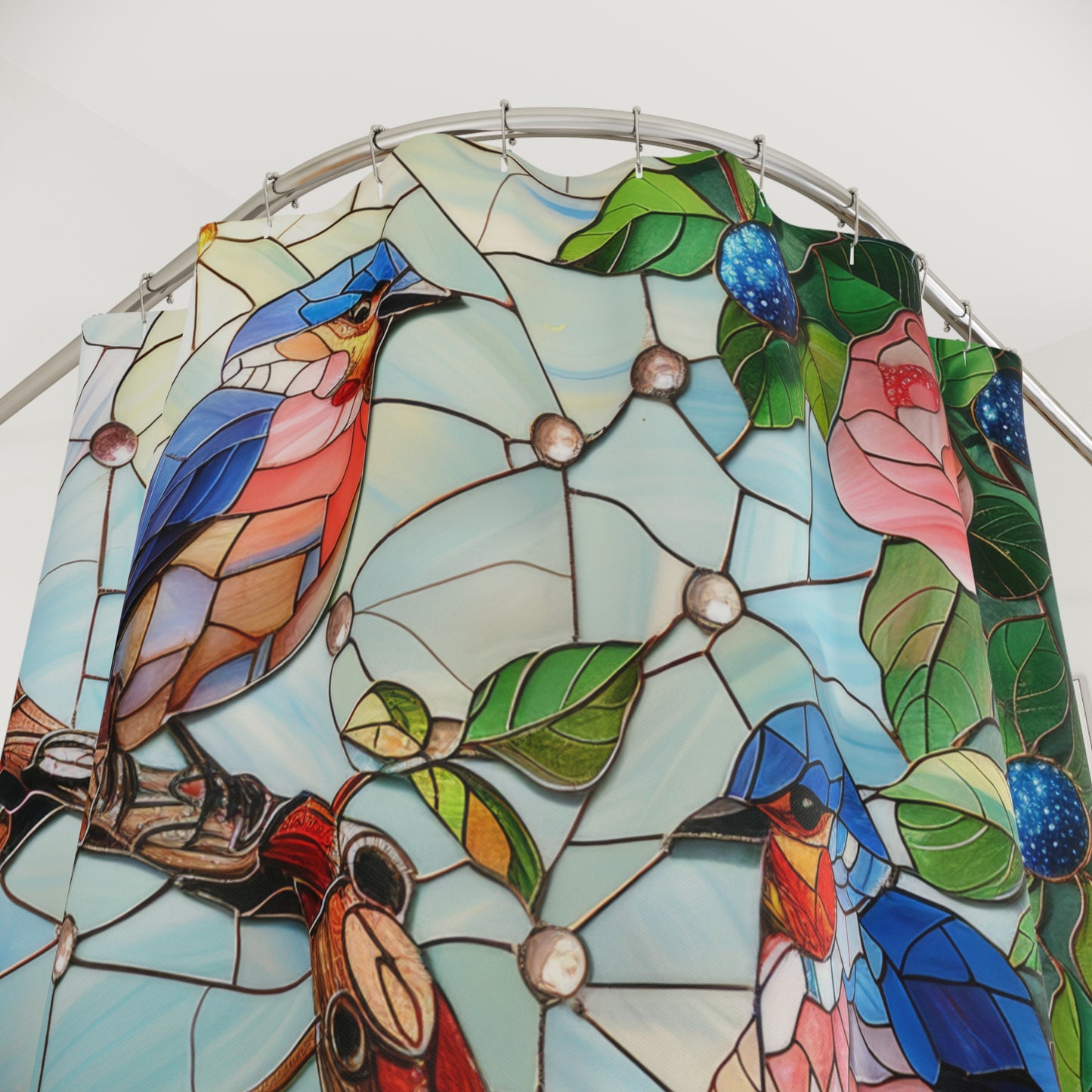 Faux Stained Glass Blue Birds Roses Field Polyester Shower Curtain