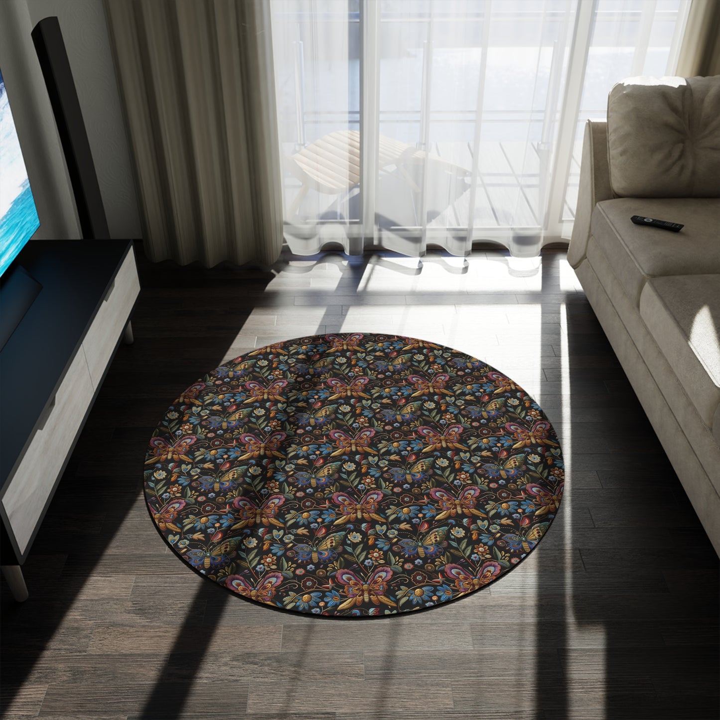 Wild Butterflies Cottage Embroidery Pattern Round Area Rug, Housewarming Gift