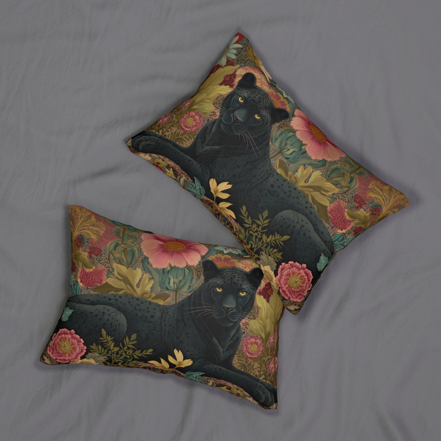 Black Panther Lumbar Pillow, Jungle Floral Cushion, Exotic Wildlife Decorative Accent