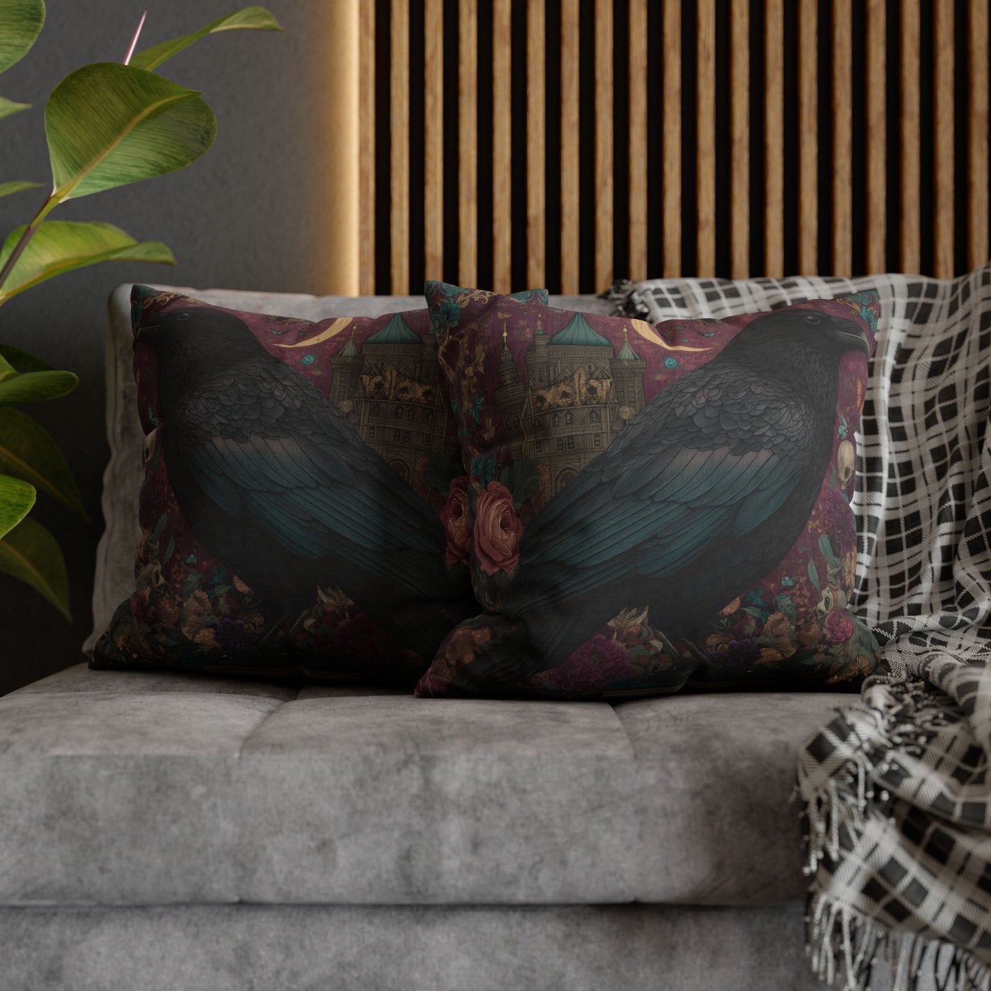 Mystical Raven Gothic Pillowcase with Floral Castle Art – Spooky Halloween Decor, Dark Academia Throw Pillow