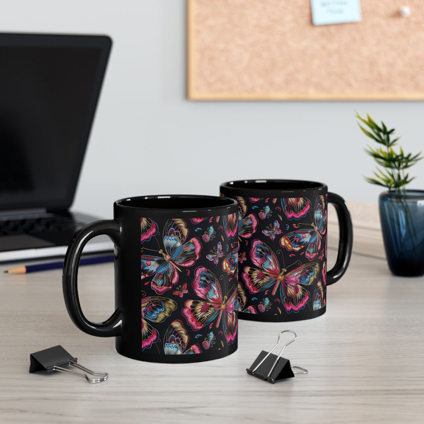 Pink Blue Butterfly Pattern Black Coffee Mug | Gift for Bird Lover Coffee Mug 11oz, 15oz