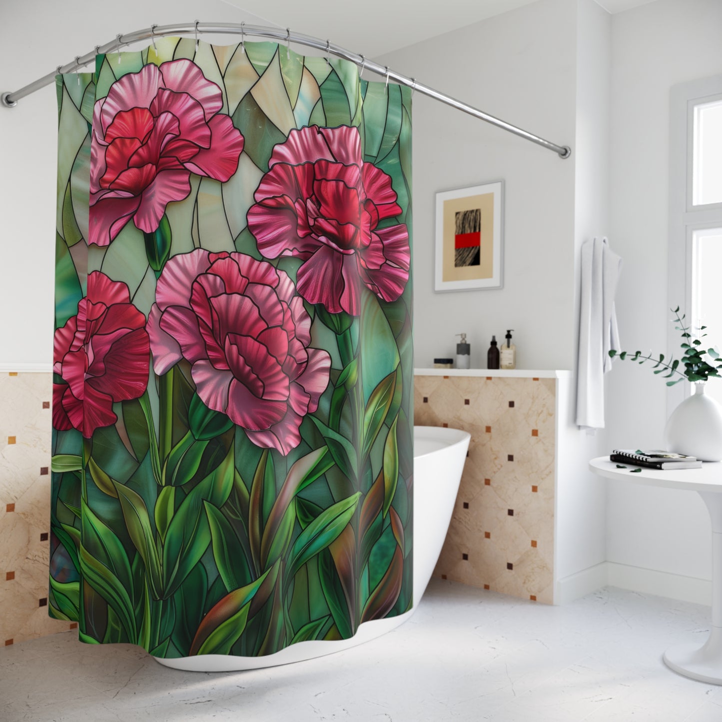 Faux Stained Glass Carnation Flowers Polyester Shower Curtain