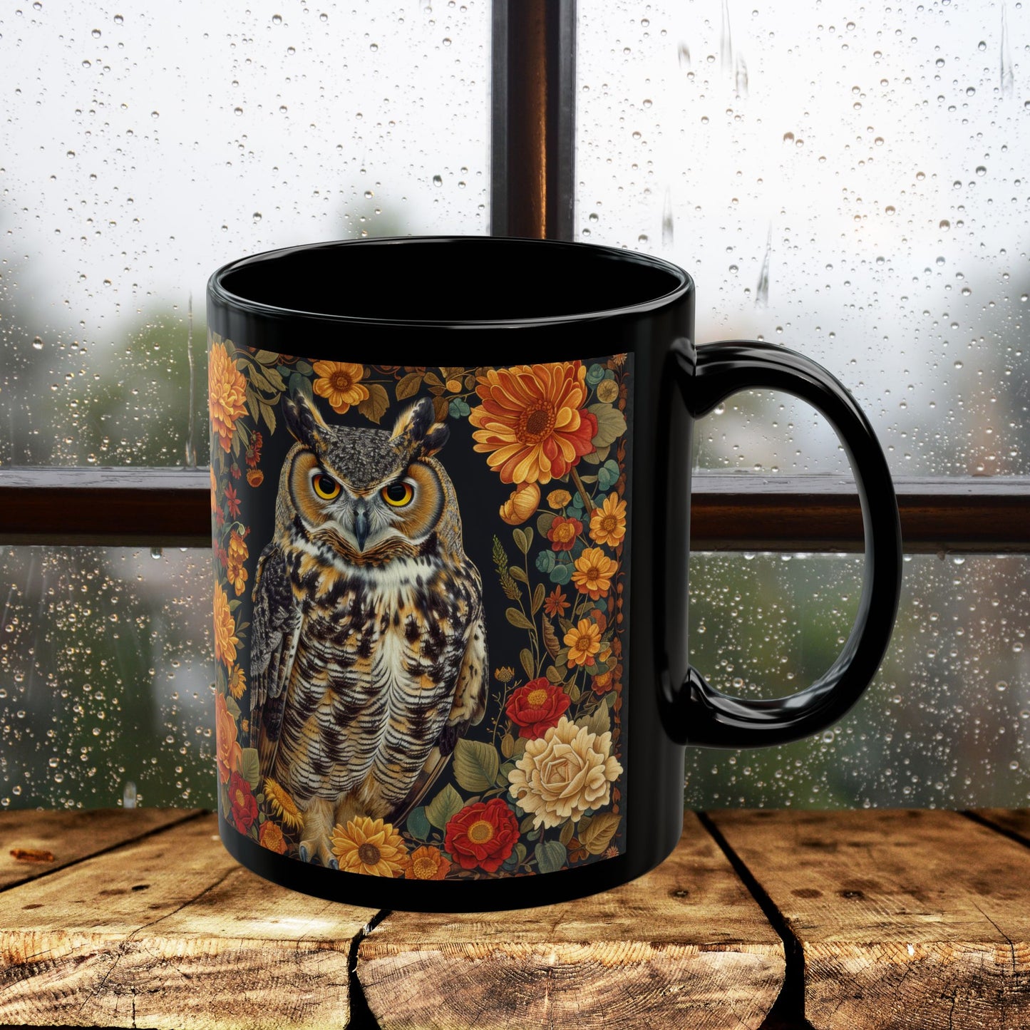 Autumn Great Horned Owl Black Coffee Mug, Fall Floral Wildlife Art, Woodland Animal Coffee Cup, Nature Lover Gift