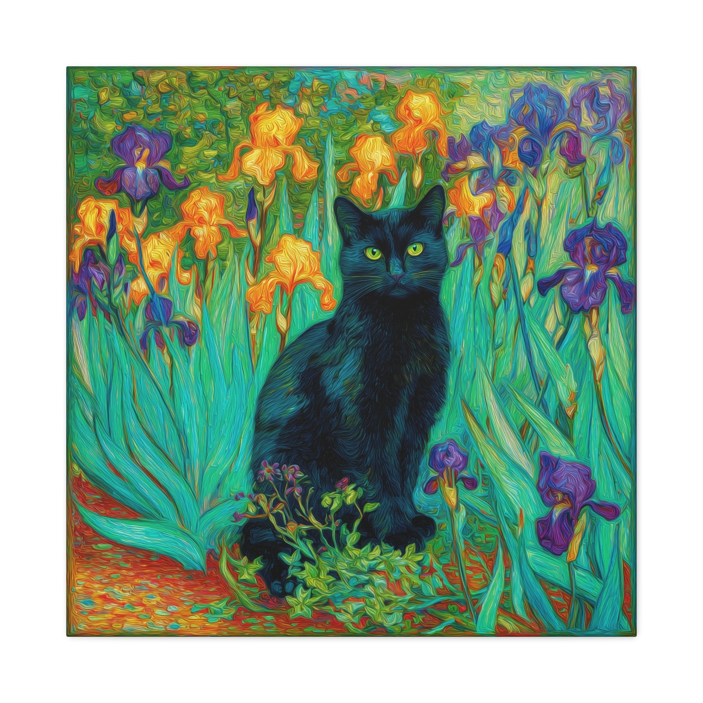 Black Cat Among Irises, Vibrant Floral Canvas Wall Art, Matte Stretched Canvas 1.25"