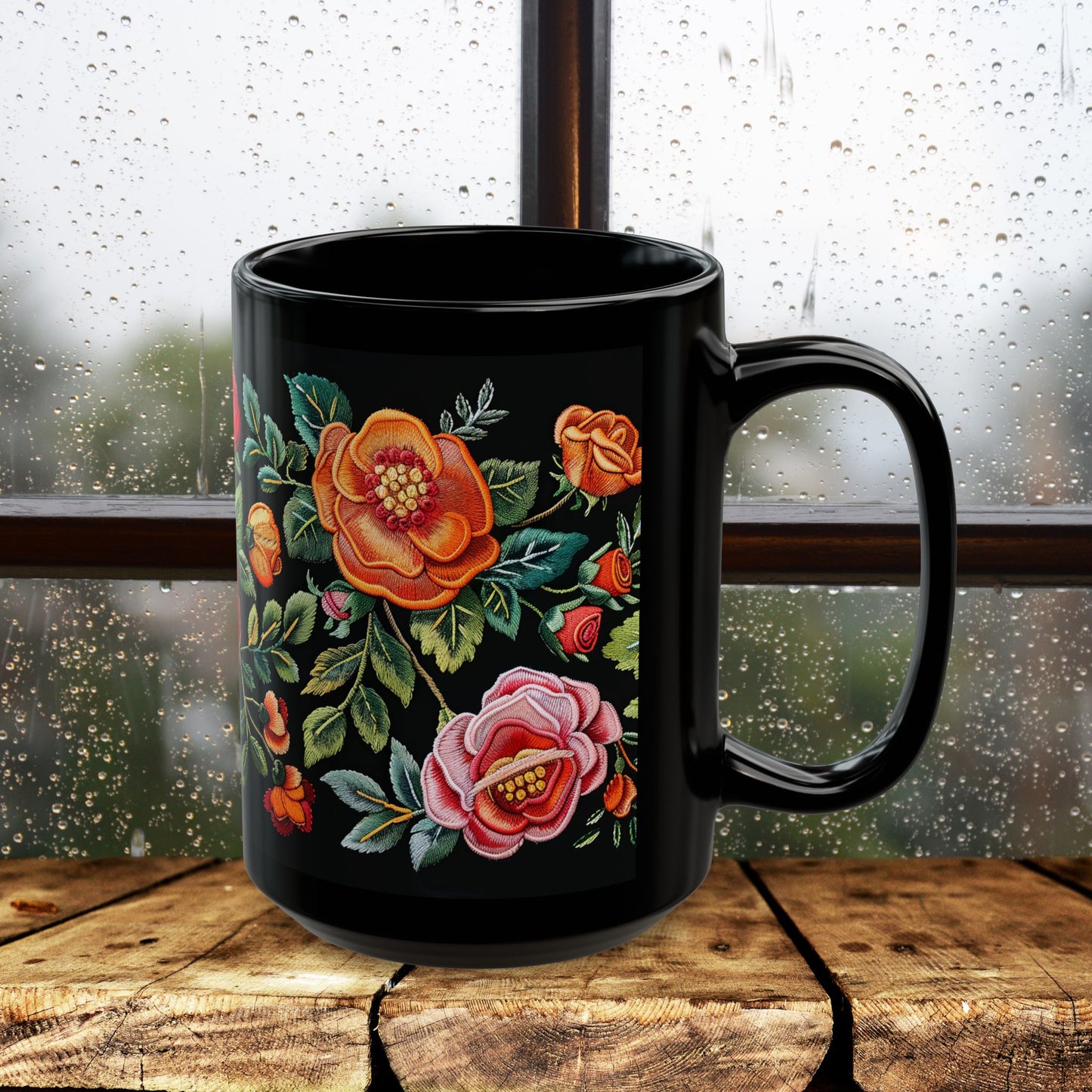 Vintage Roses Pattern Embroidery Black Mug 11oz / 15 oz