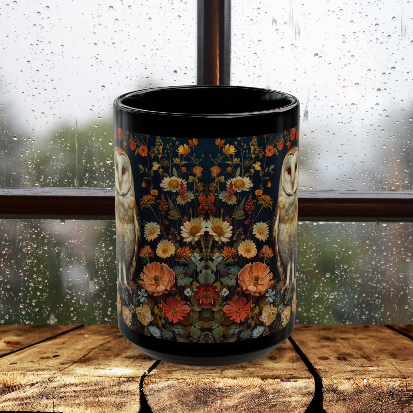 William Morris Inspired Barn Owl Wildflowers Black Coffee Mug 11oz | Mystical Owl For Her Him Ceramic Mug Black Mug