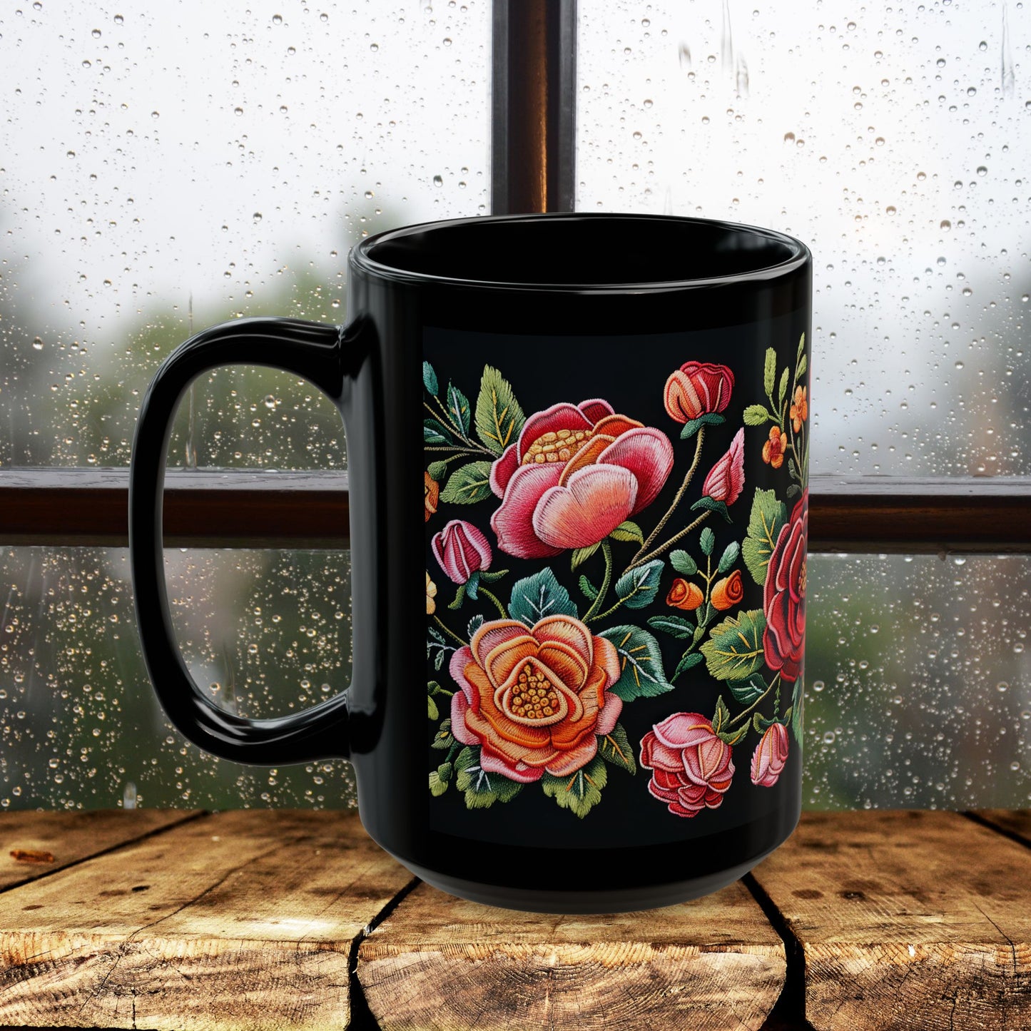 Vintage Roses Pattern Embroidery Black Mug 11oz / 15 oz