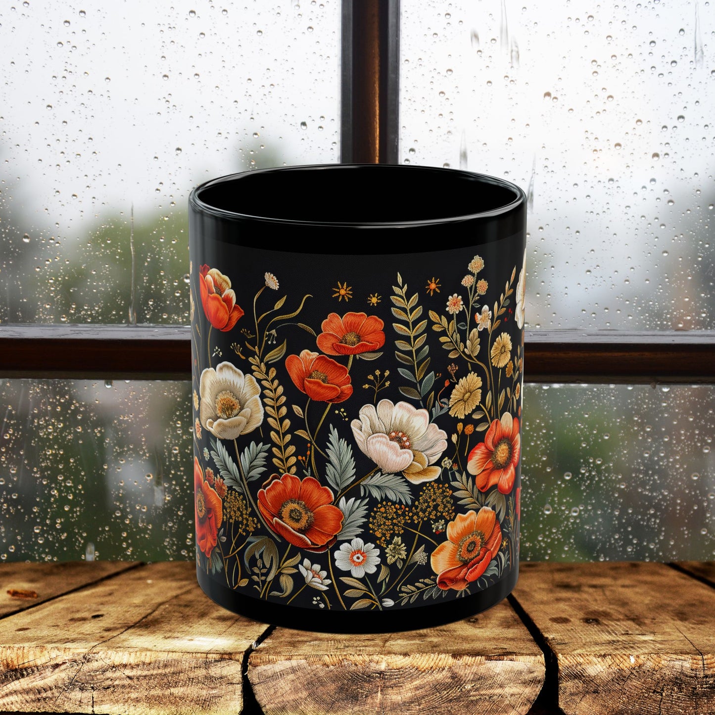 Wildflowers Pattern Embroidery Mug Black Mug 11oz, 15 oz