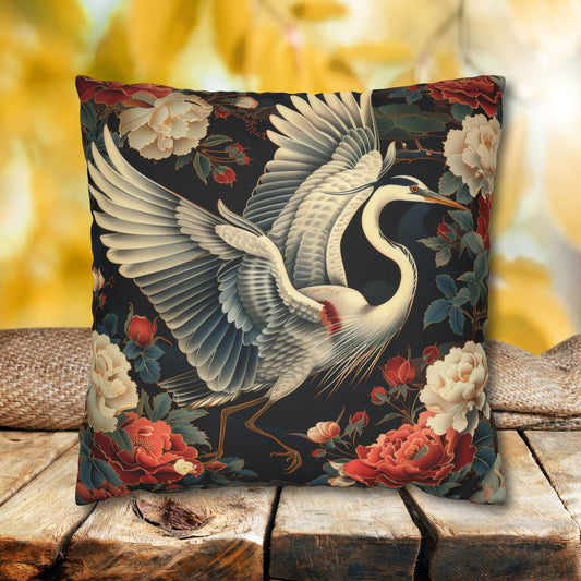 Flying Heron in Amongst Flowers ,Vietnamese Art Style, Cottage-core Pillowcase