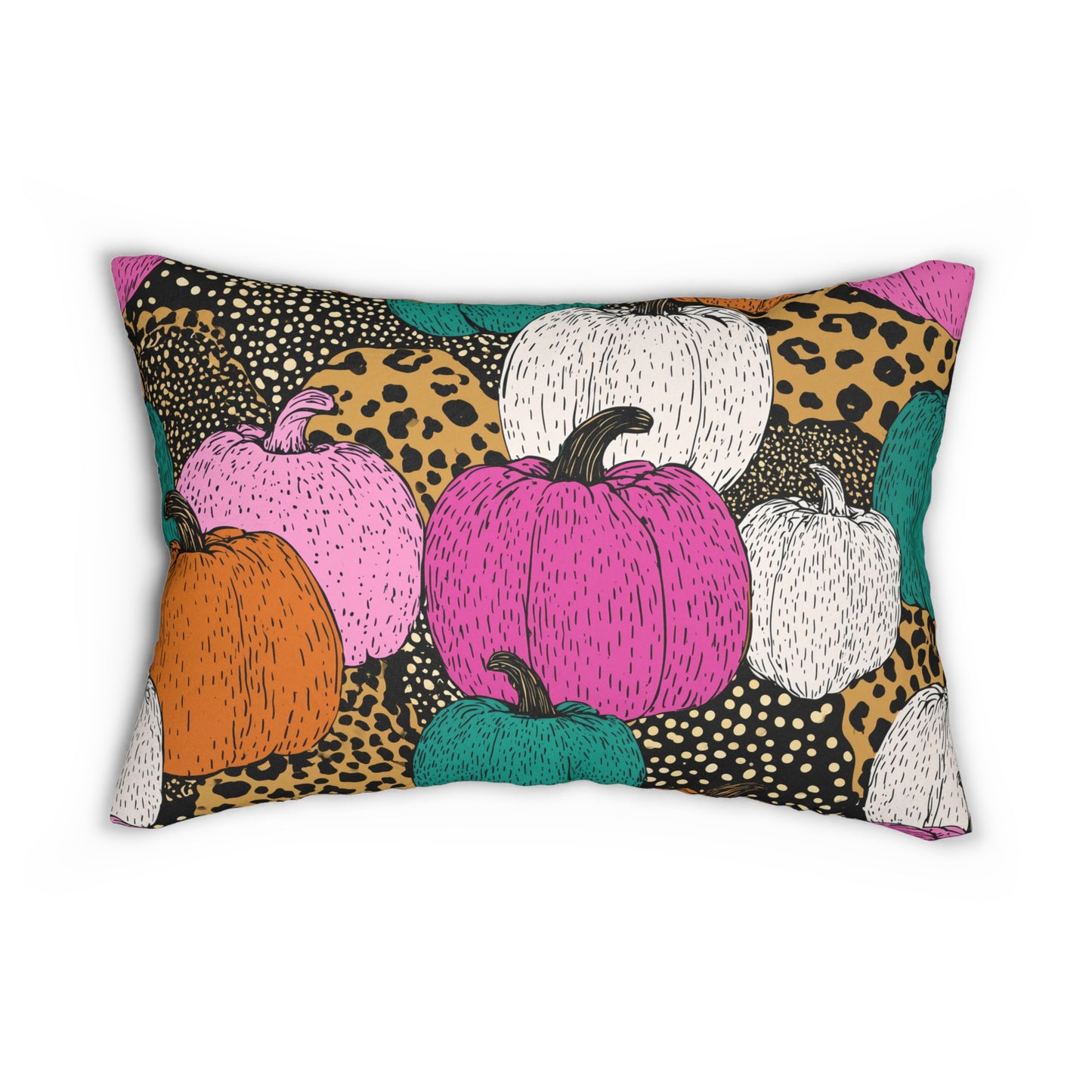 Colorful Pumpkin Lumbar Pillow, Leopard Print Fall Cushion, Halloween & Autumn Decorative Accent