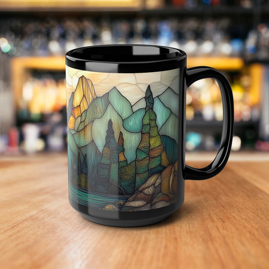 Stained Glass Mountain Forest Mug, Scenic Nature Landscape Coffee Cup, Mountain Lake Hiker Gift Idea, 11oz, 15oz