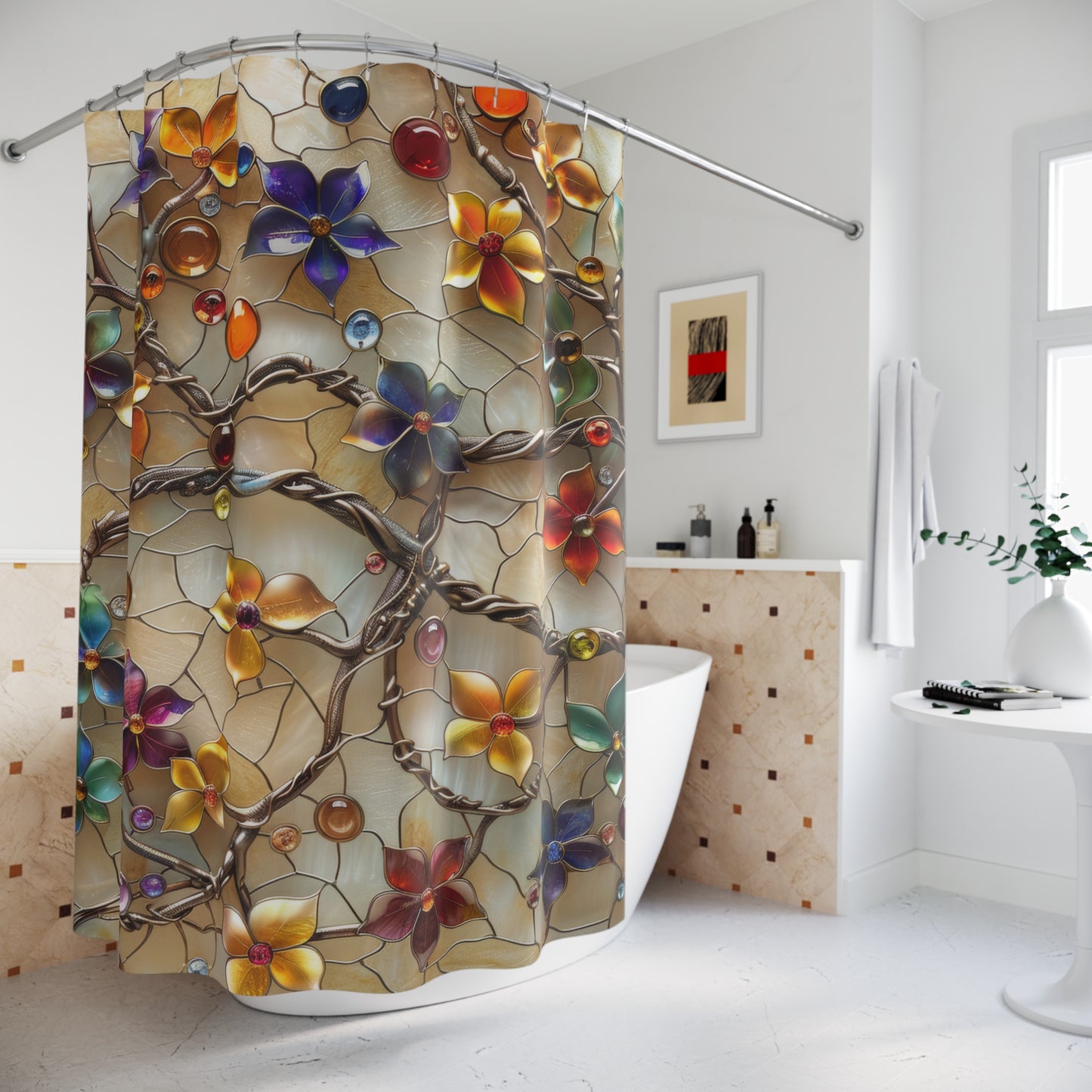 3D Stained Glass Colorful Jewelry Fall Flowers Polyester Shower Curtain